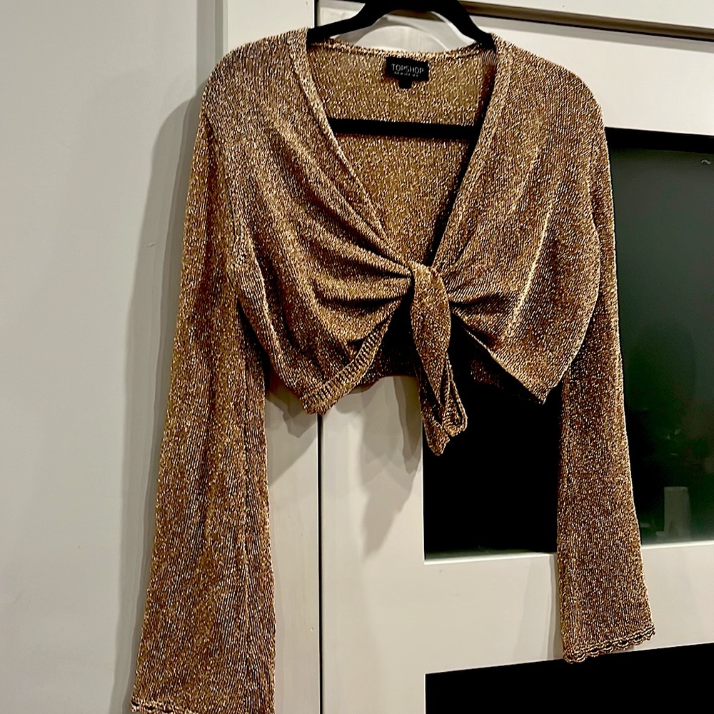 Metallic gold knit crop tie top